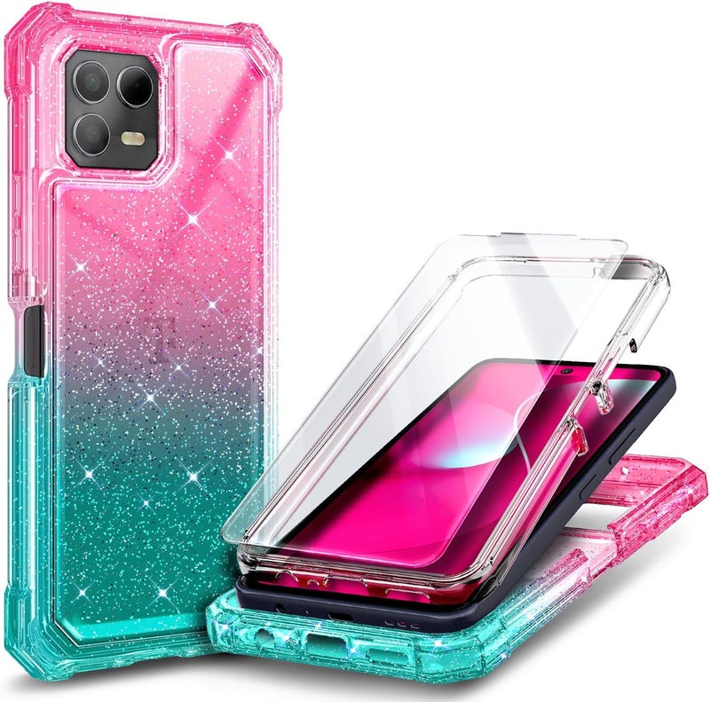 NZND Designed for T-Mobile REVVL 8-Pro Phone Case, Glitter Pink/Aqua | with Screen Protector, Full-Body Shockproof Protective Rugged Impact Resist Bumper Cover - Image 1